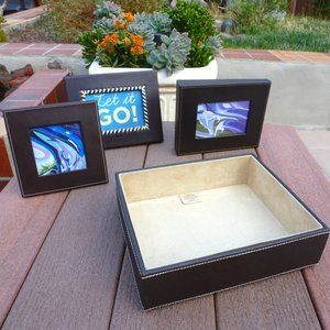 Chocolate Leather Frame Set (3) with Trinket Box